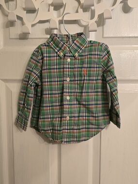 Ralph Lauren Green Plaid Button-Down Shirt with Orange Pony